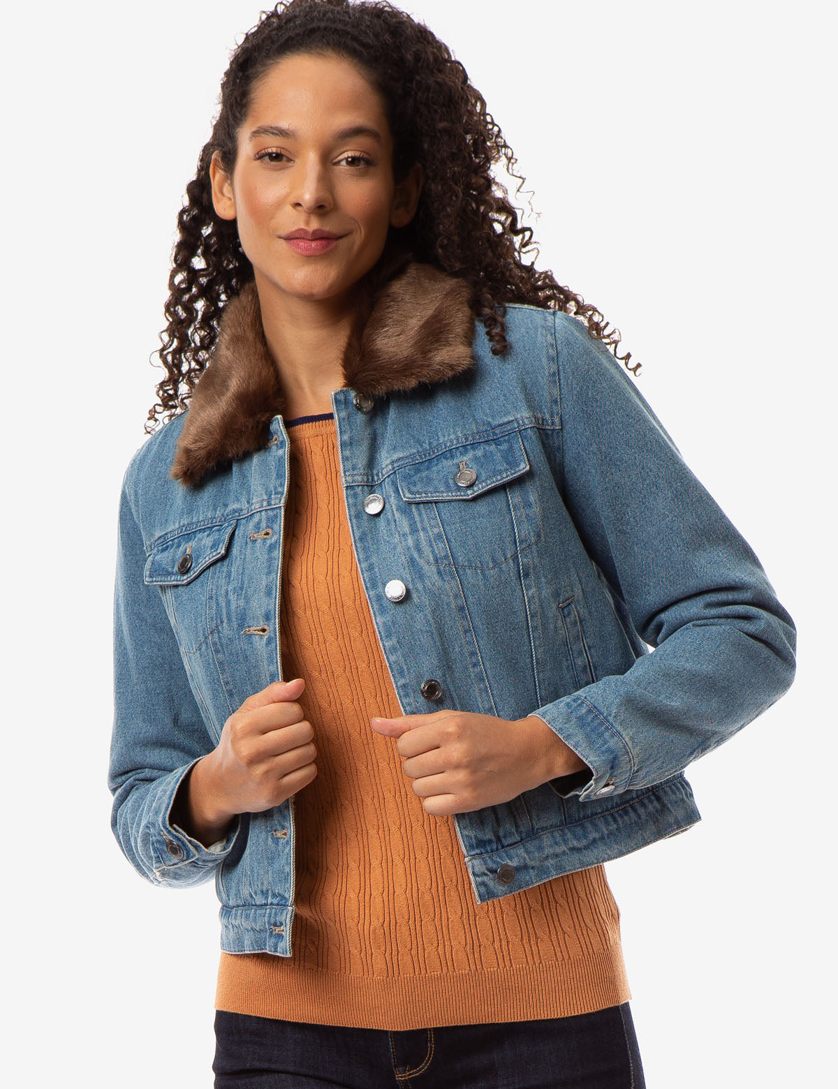 Faux Fur Collar Denim Jacket with Sherpa Lining | Medium Wash