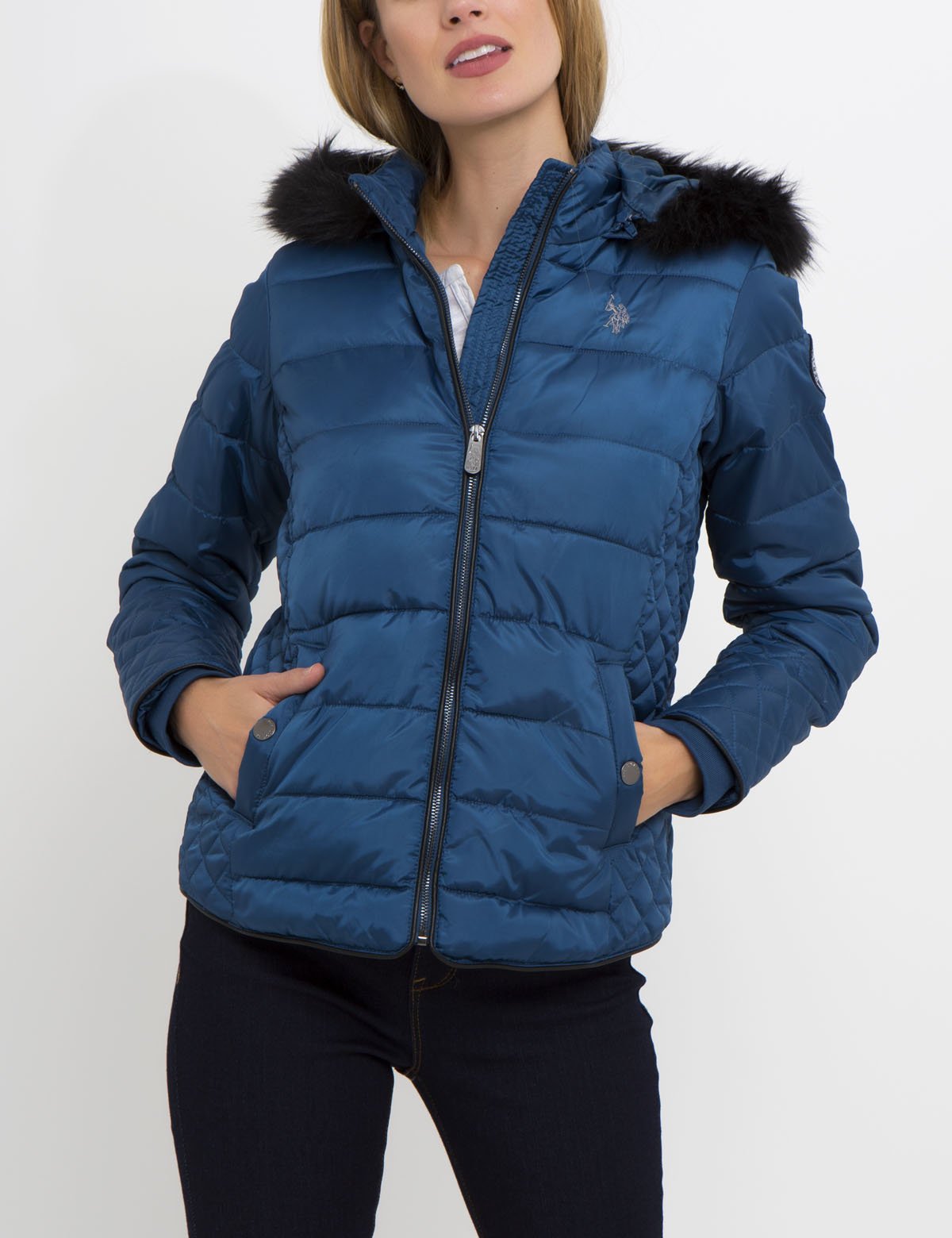Faux Fur Hood Quilted Puffer Jacket with Front Pockets | Winter Coat