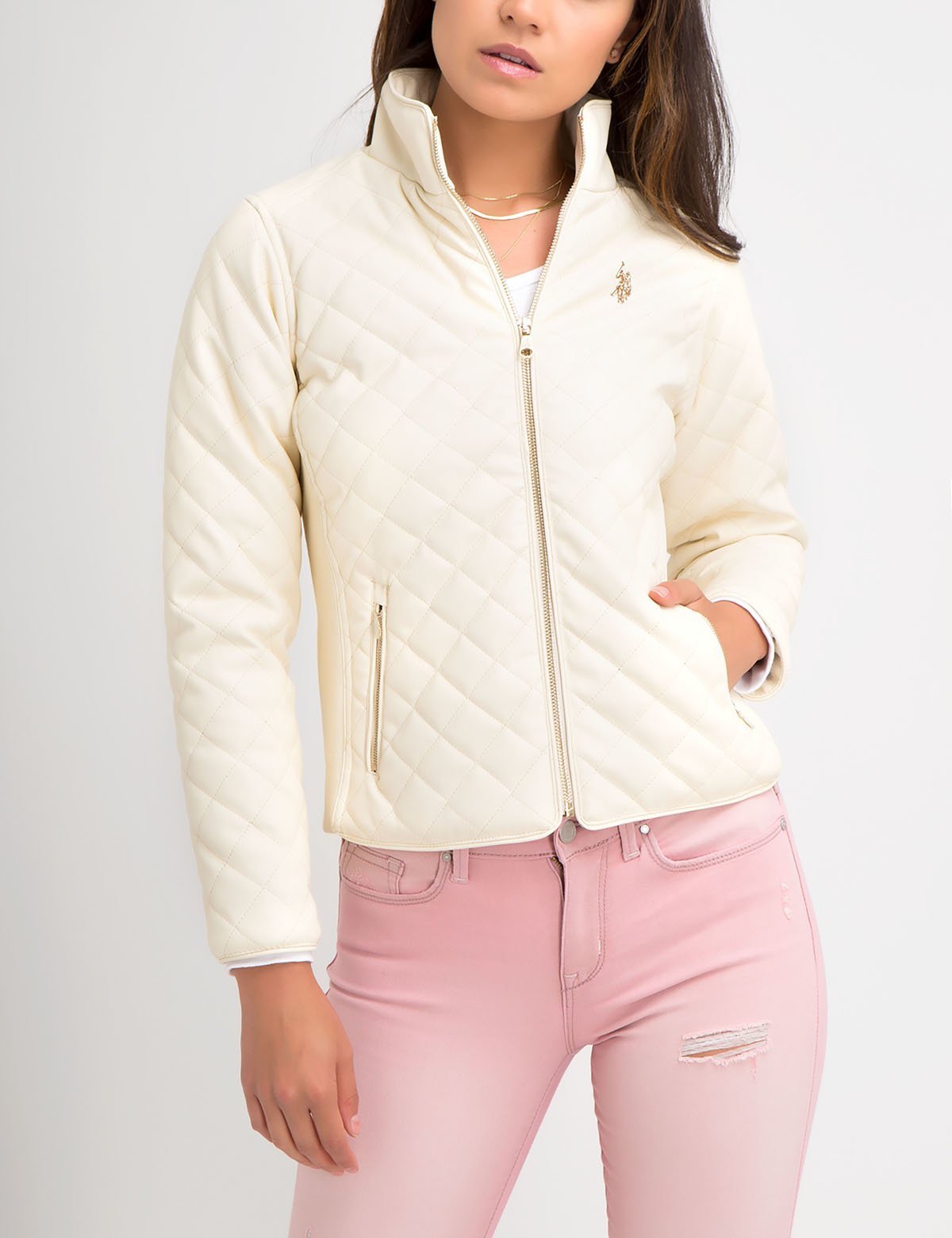 Faux Leather Quilted Jacket with Side Knit Panels & Front Pockets