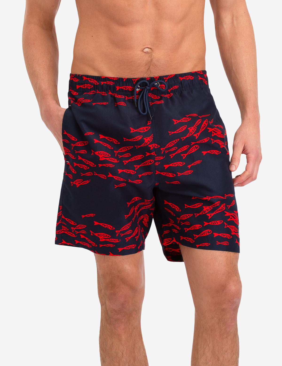 Fish Pattern Swim Trunks with Drawstring Waist & Pockets