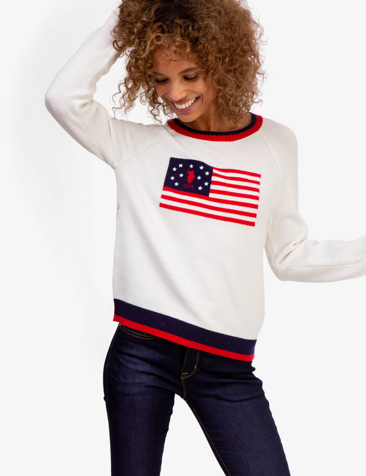Flag Design Crew Neck Sweater with Ribbed Cuffs | USPA