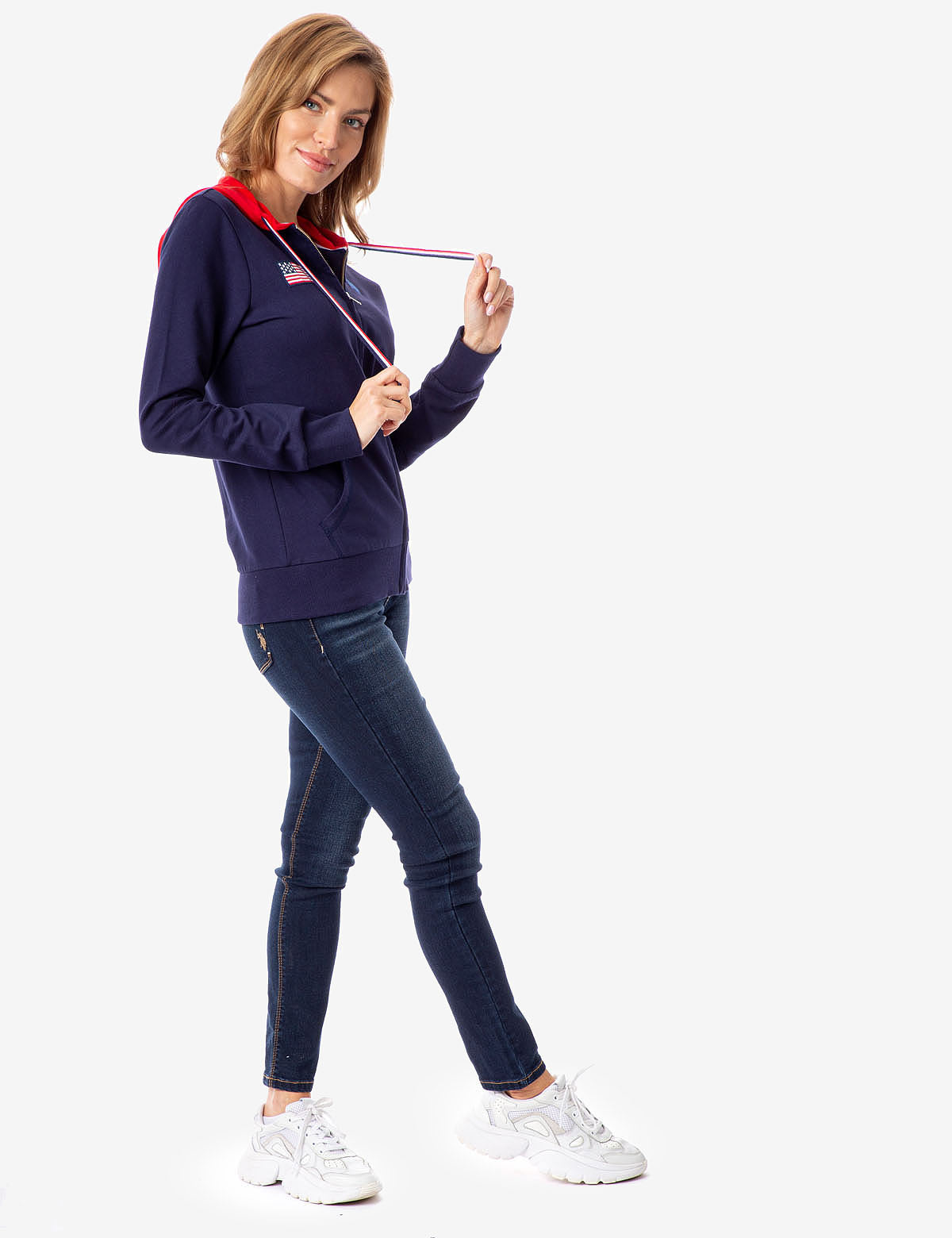 Flag Patch Zip Up Hoodie with Kangaroo Pockets & Contrast Hood