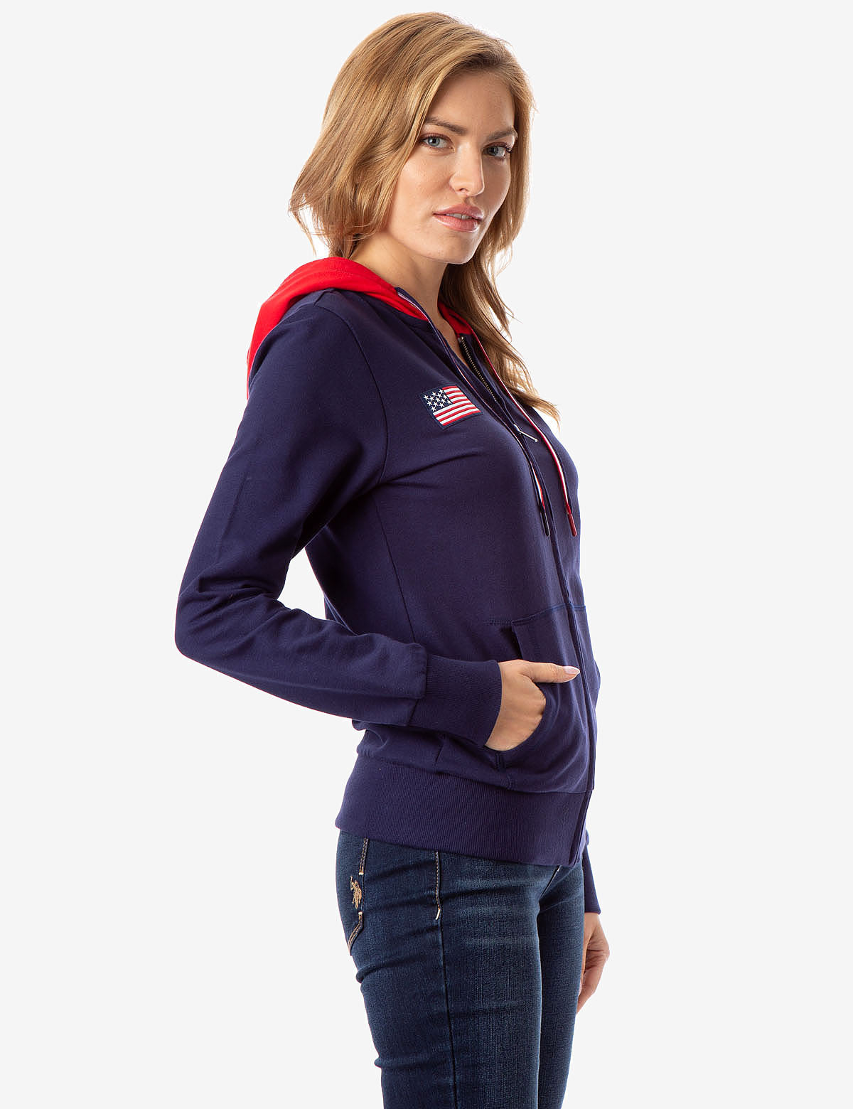 Flag Patch Zip Up Hoodie with Kangaroo Pockets & Contrast Hood