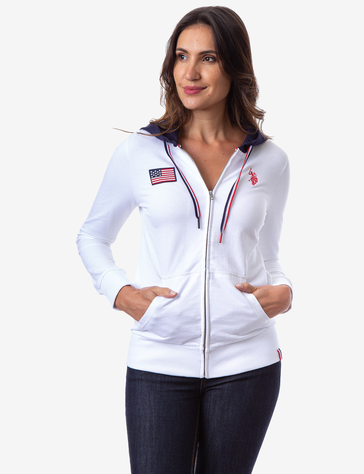 Flag Patch Zip Up Hoodie with Kangaroo Pockets & Contrast Hood