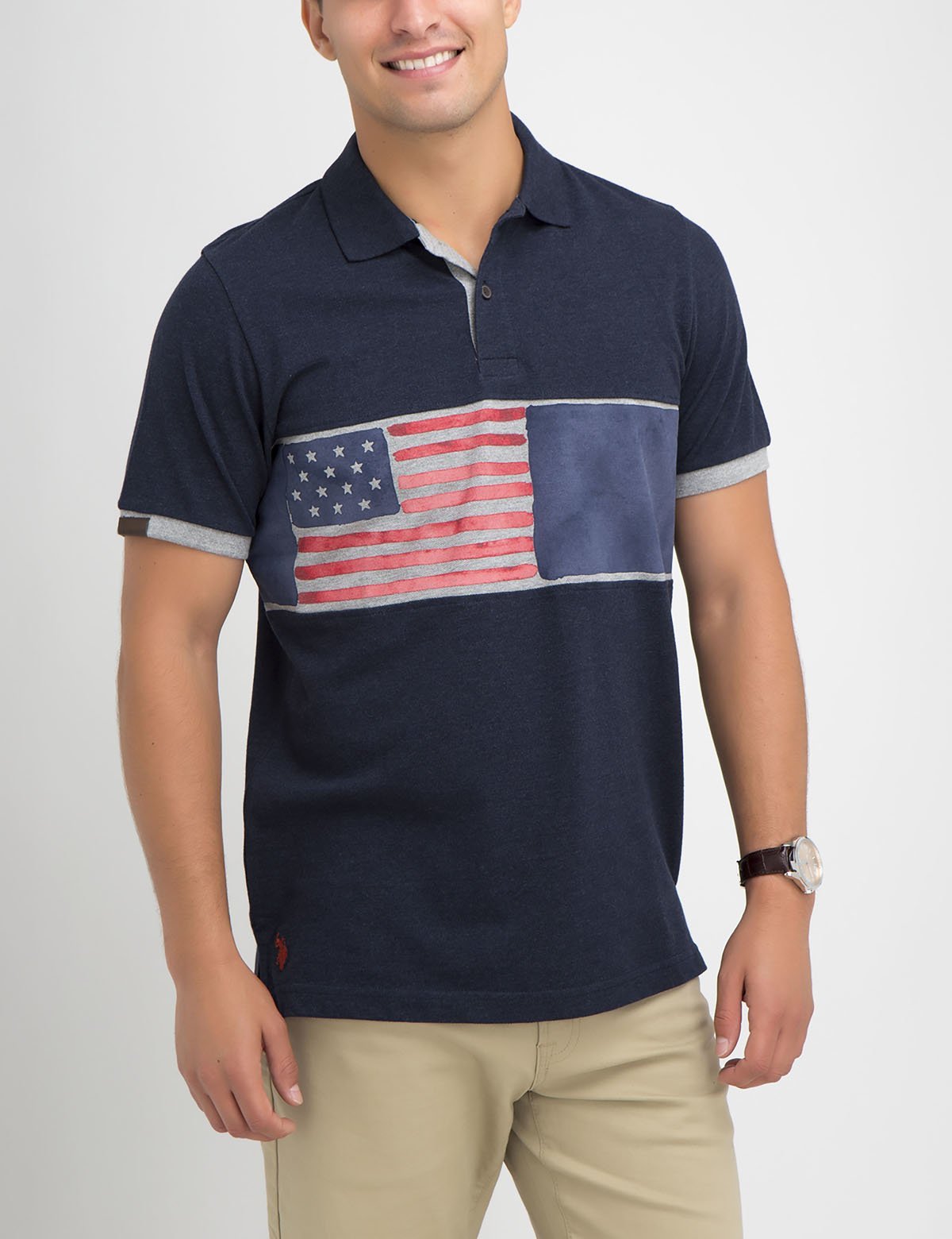 Flag Print Polo Shirt with Vegan Leather Logo | Short Sleeve