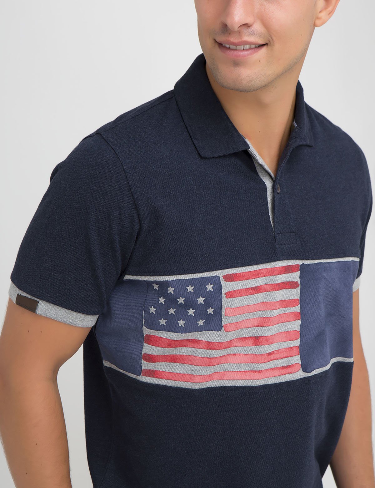 Flag Print Polo Shirt with Vegan Leather Logo | Short Sleeve