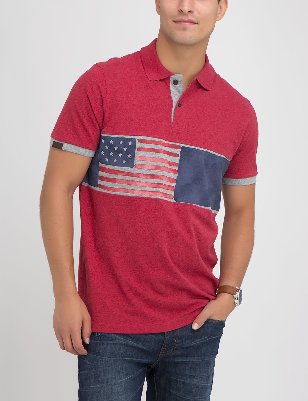 Flag Print Polo Shirt with Vegan Leather Logo | Short Sleeve