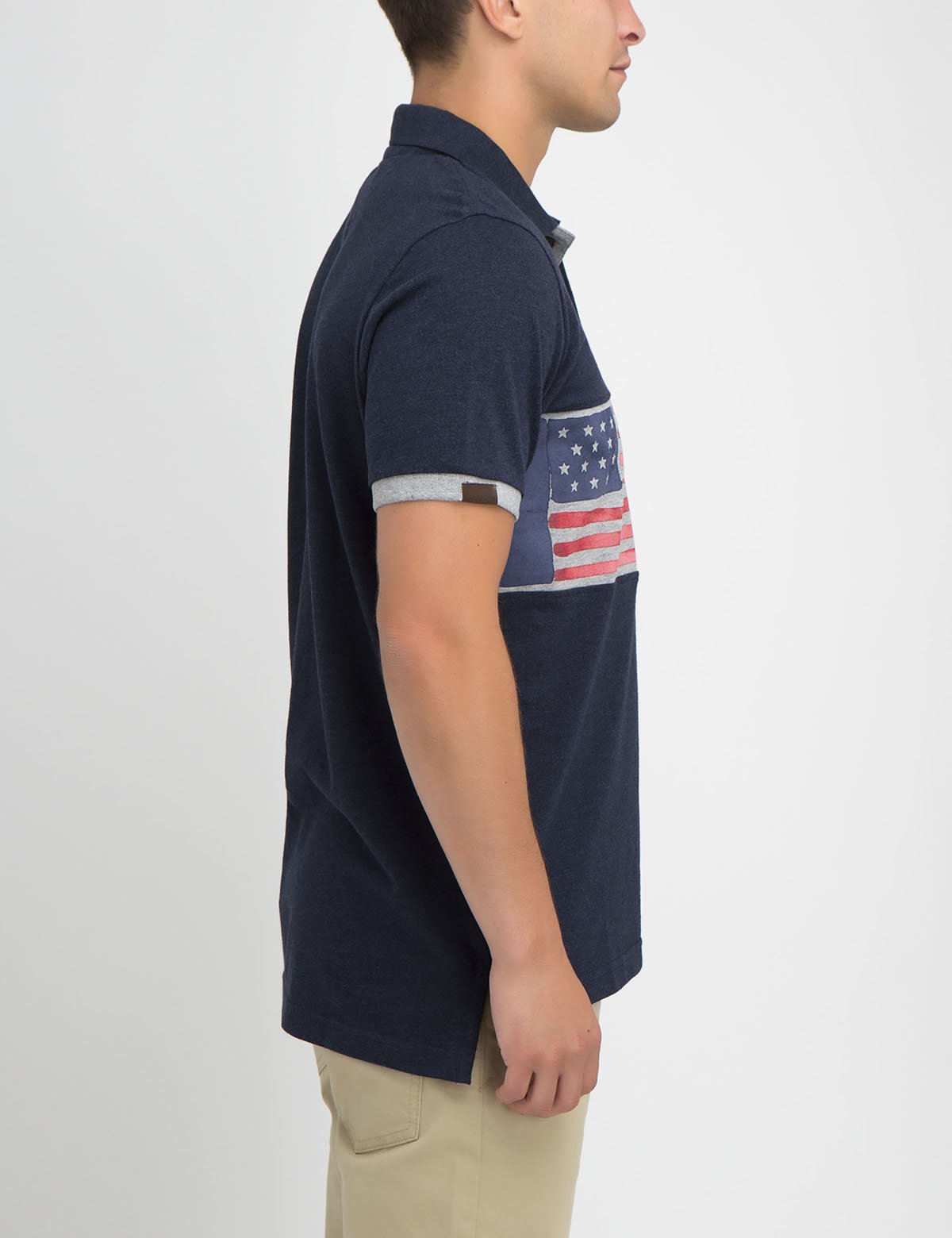 Flag Print Polo Shirt with Vegan Leather Logo | Short Sleeve
