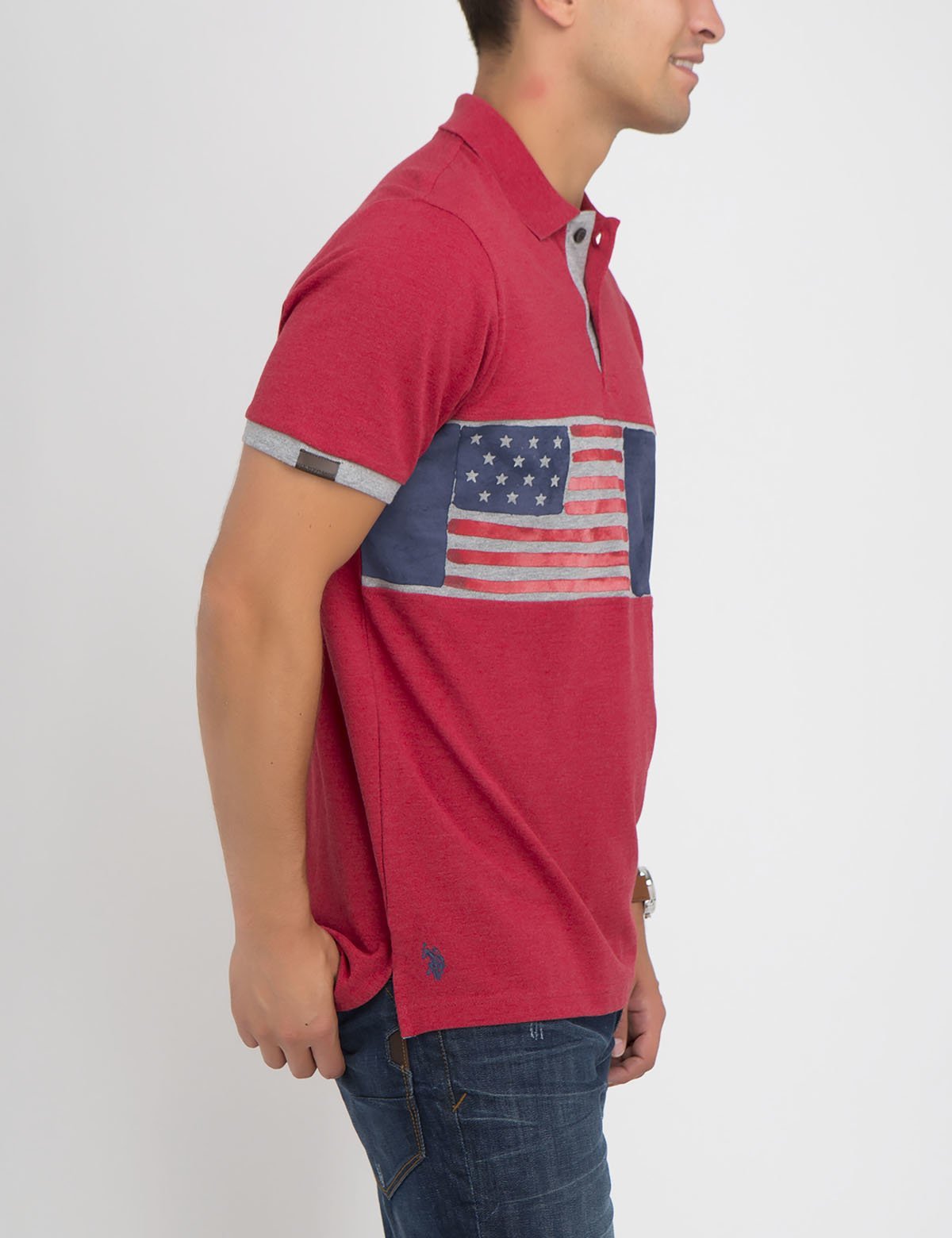 Flag Print Polo Shirt with Vegan Leather Logo | Short Sleeve