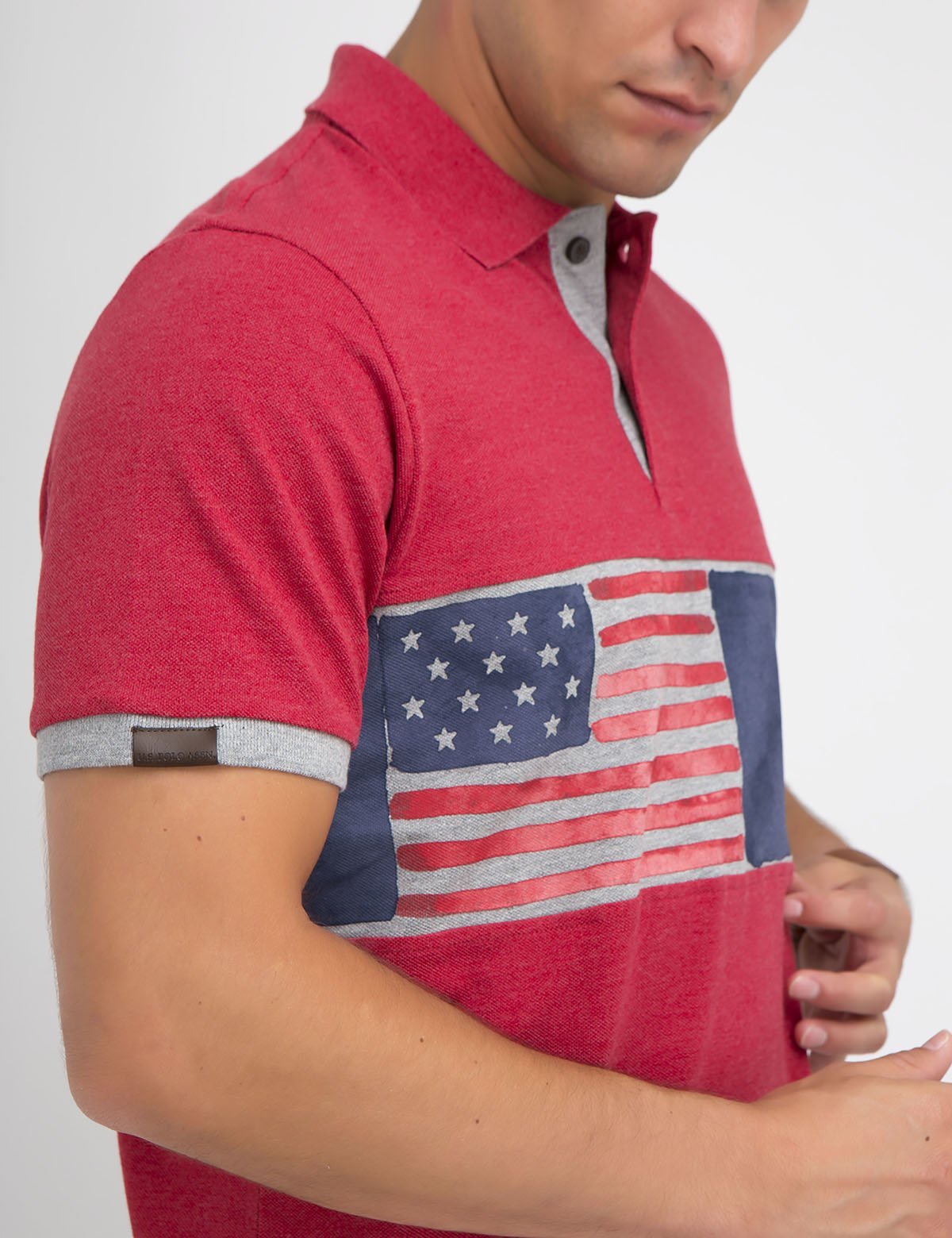 Flag Print Polo Shirt with Vegan Leather Logo | Short Sleeve