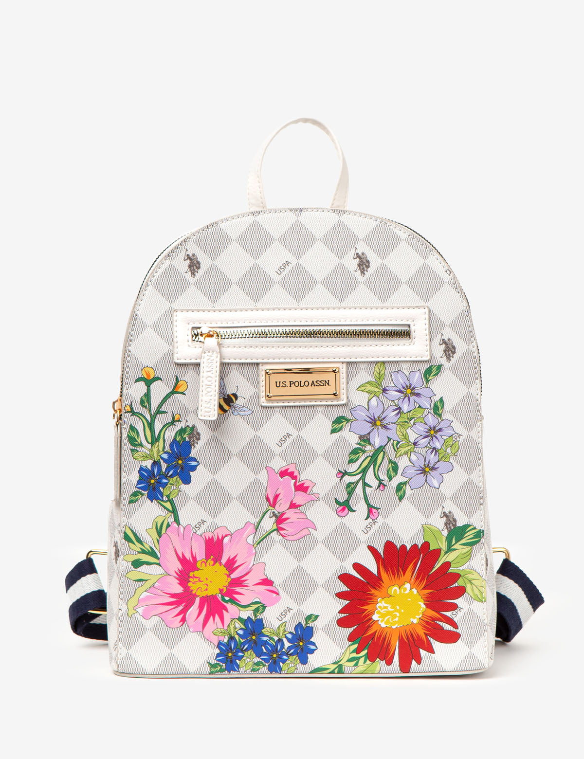 Floral Diamond Vegan Leather Backpack | Top Zip & Adjustable Straps