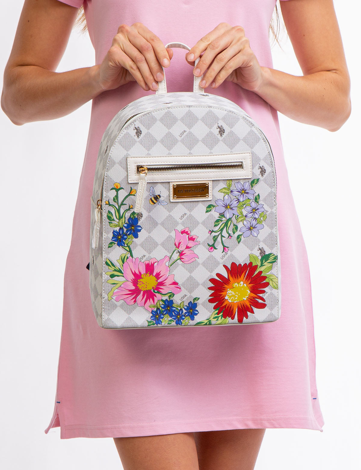 Floral Diamond Vegan Leather Backpack | Top Zip & Adjustable Straps