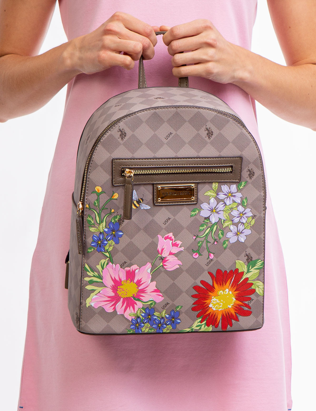 Floral Diamond Vegan Leather Backpack | Top Zip & Adjustable Straps
