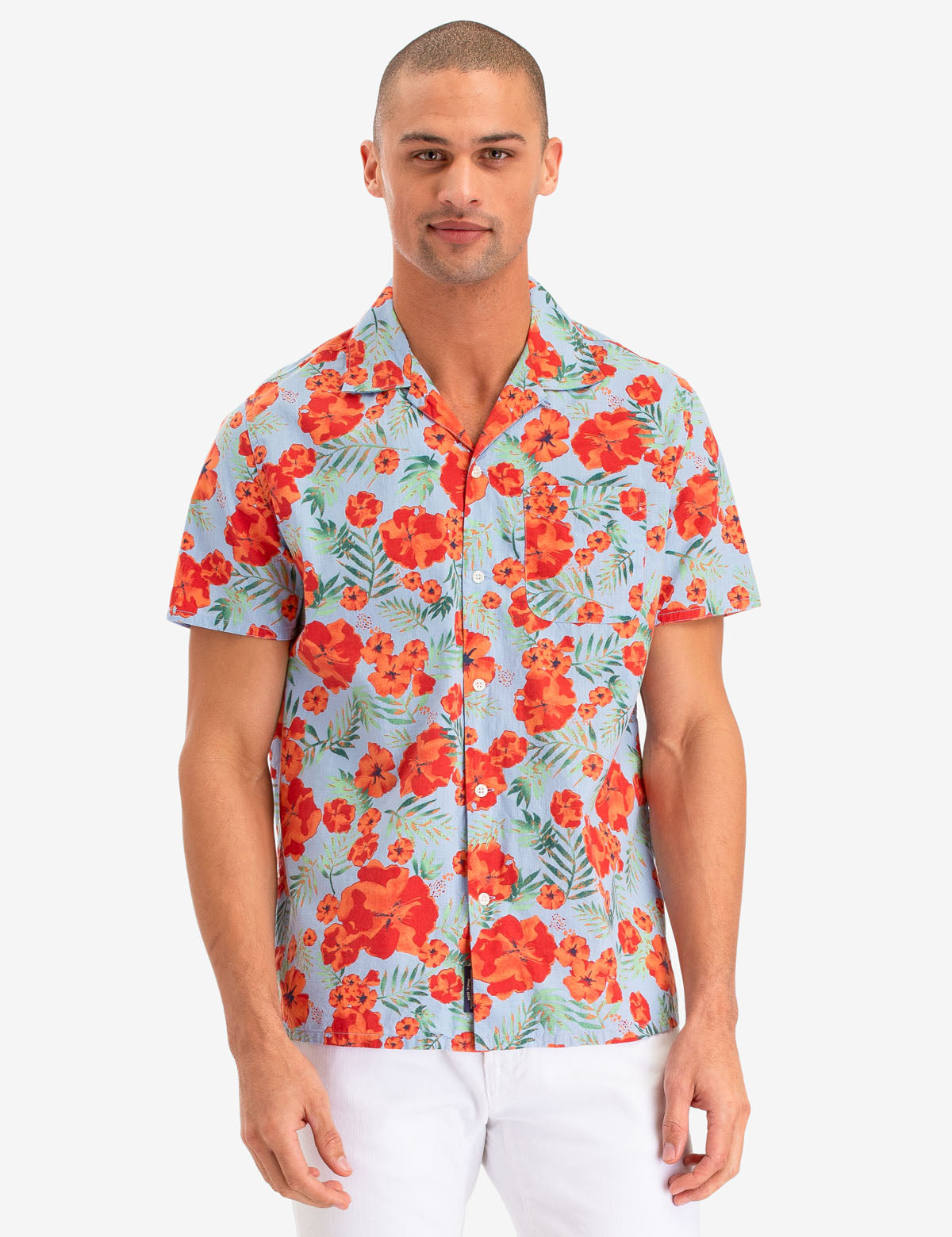Floral Print Camp Shirt with Button Front & Short Sleeves