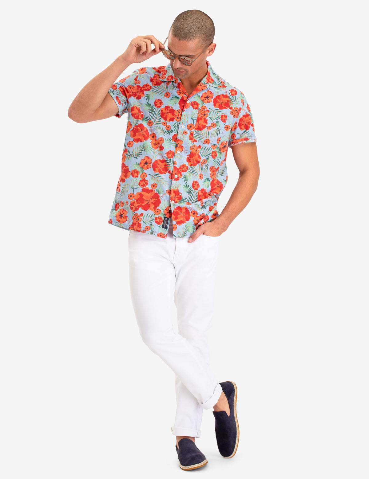 Floral Print Camp Shirt with Button Front & Short Sleeves