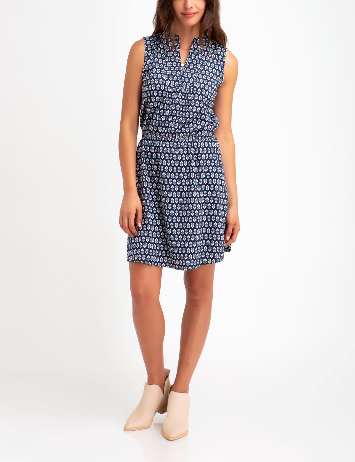 Floral Print Sleeveless Dress with V Neck & Elastic Waist