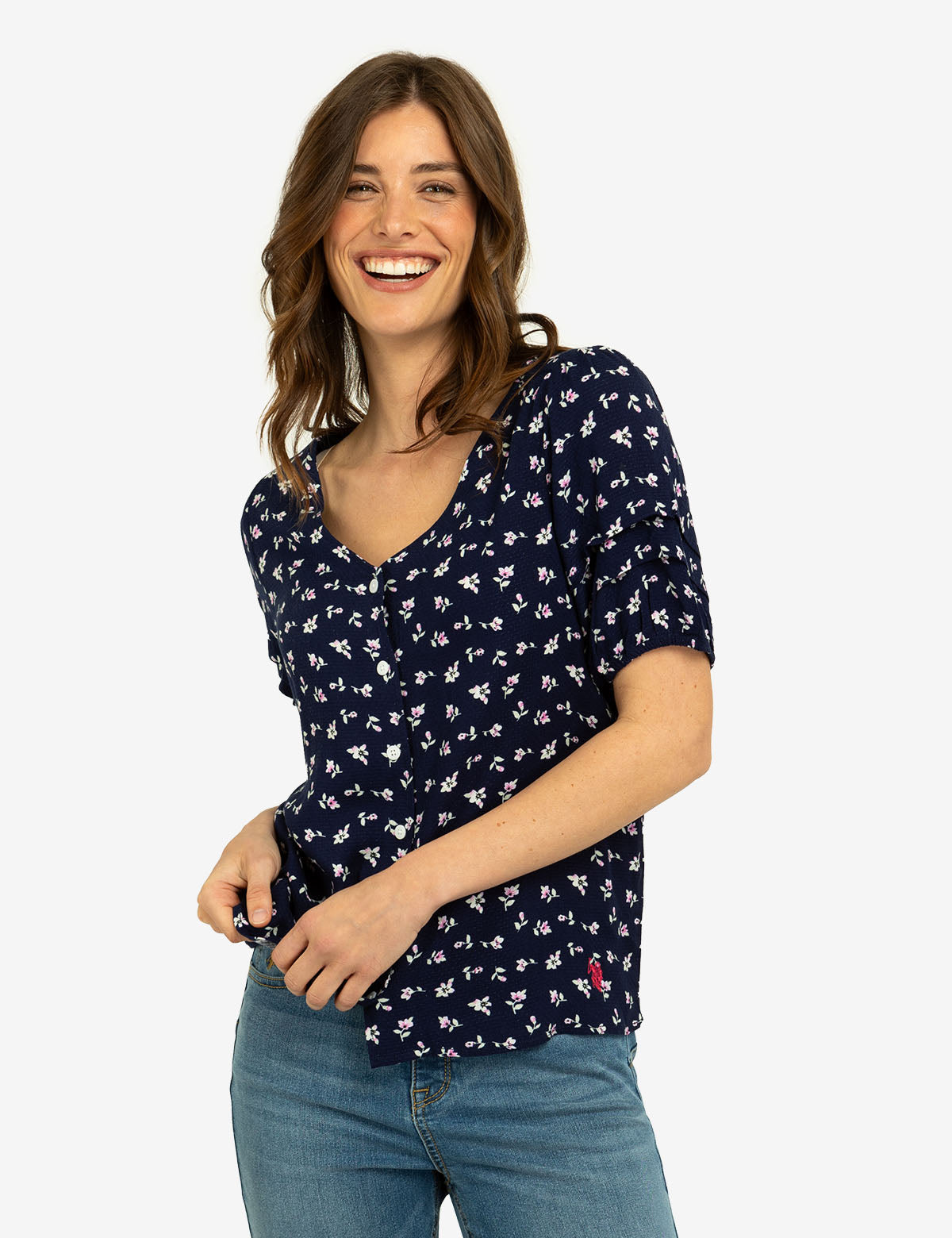 "Floral Print Blouse with Volume Sleeves | [Brand Name]"  

*(Note: Replace [Brand Name] with the actual brand if available. If no brand is specified, the title can end at "Volume Sleeves" to stay within character limits.)*