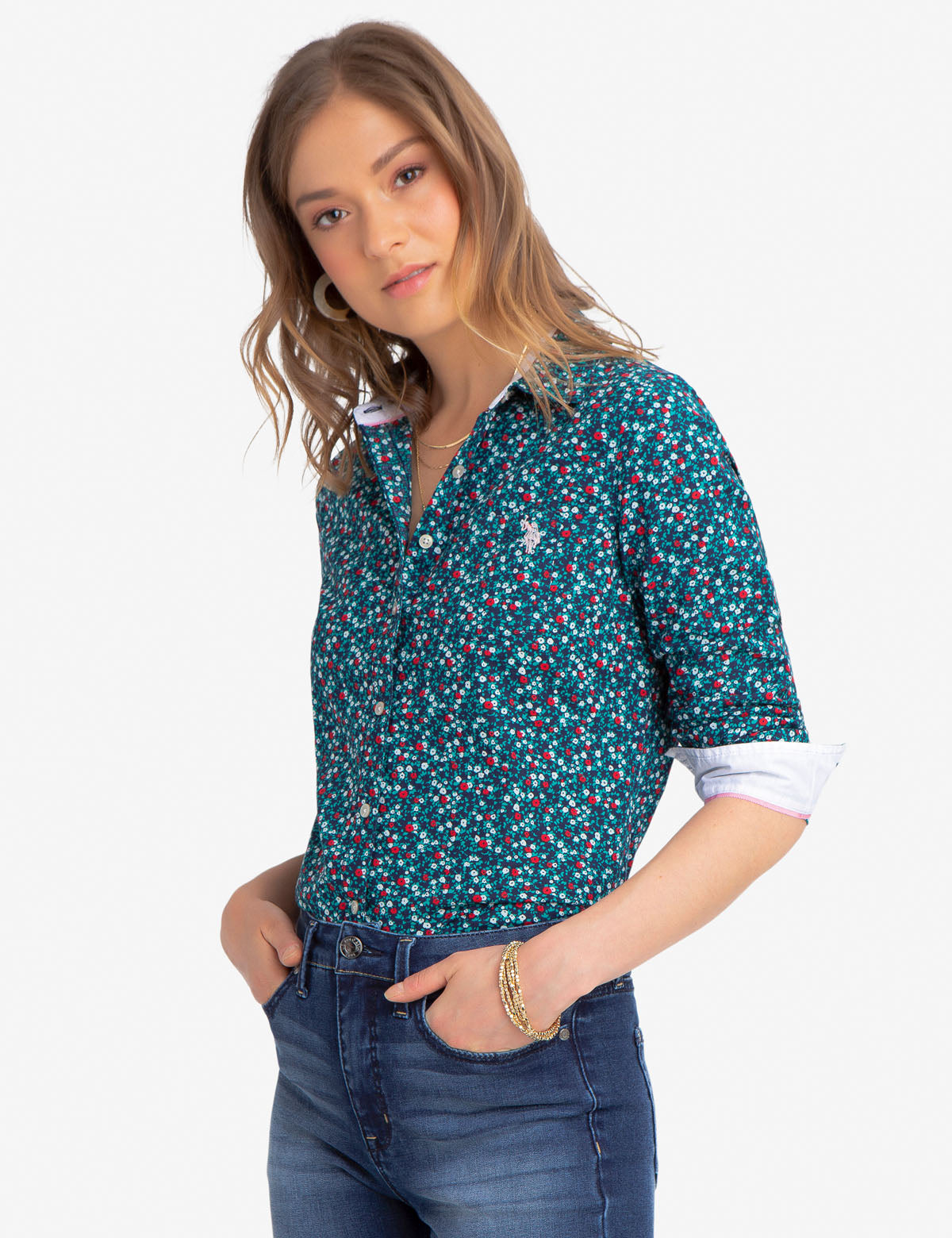Floral Printed Cotton Shirt for Women | Embroidered Logo