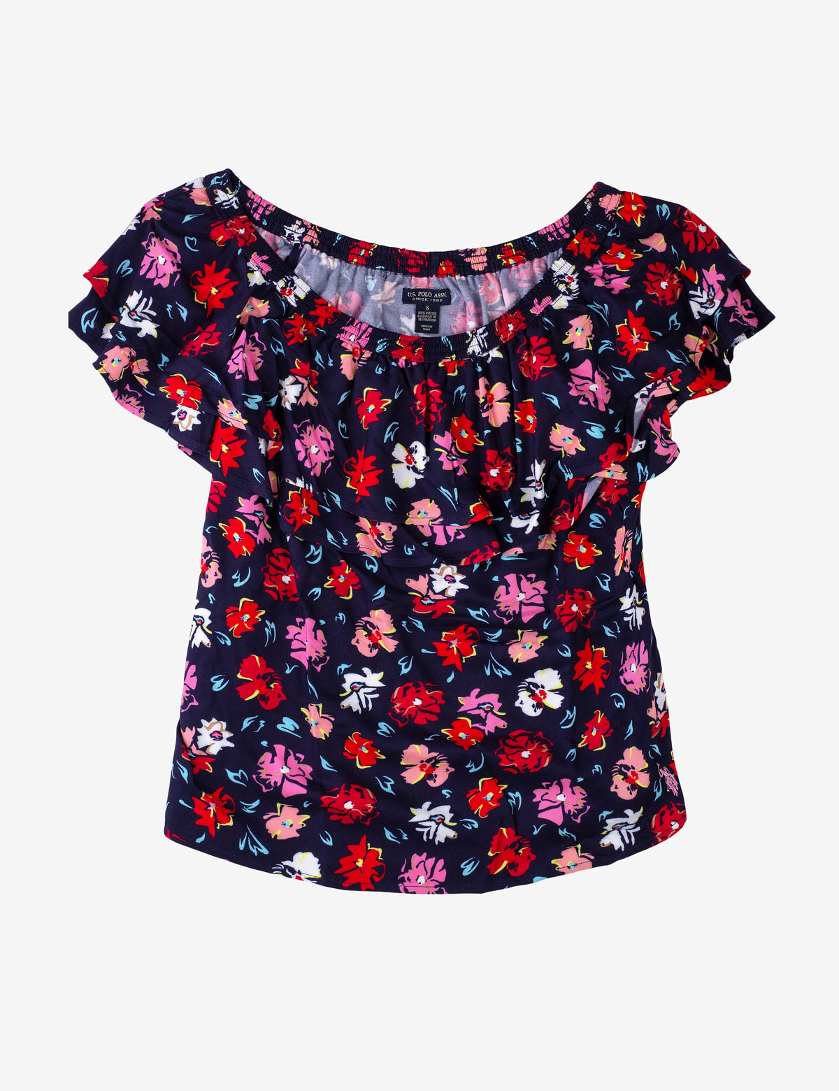 Floral Ruffle Peasant Top with Cap Sleeves | Layered Neckline