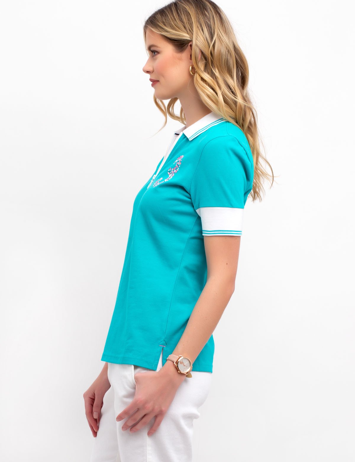 Floral Zip Polo Shirt with Contrast Collar | USPA