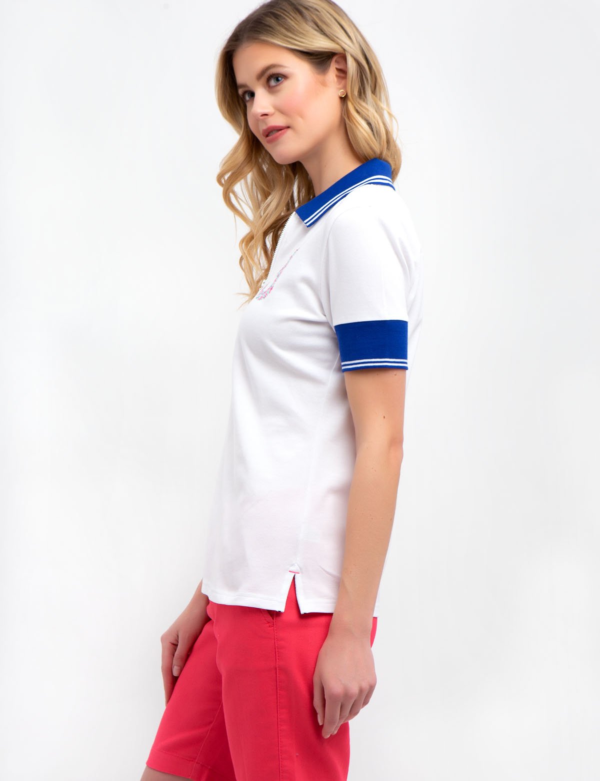 Floral Zip Polo Shirt with Contrast Collar | USPA