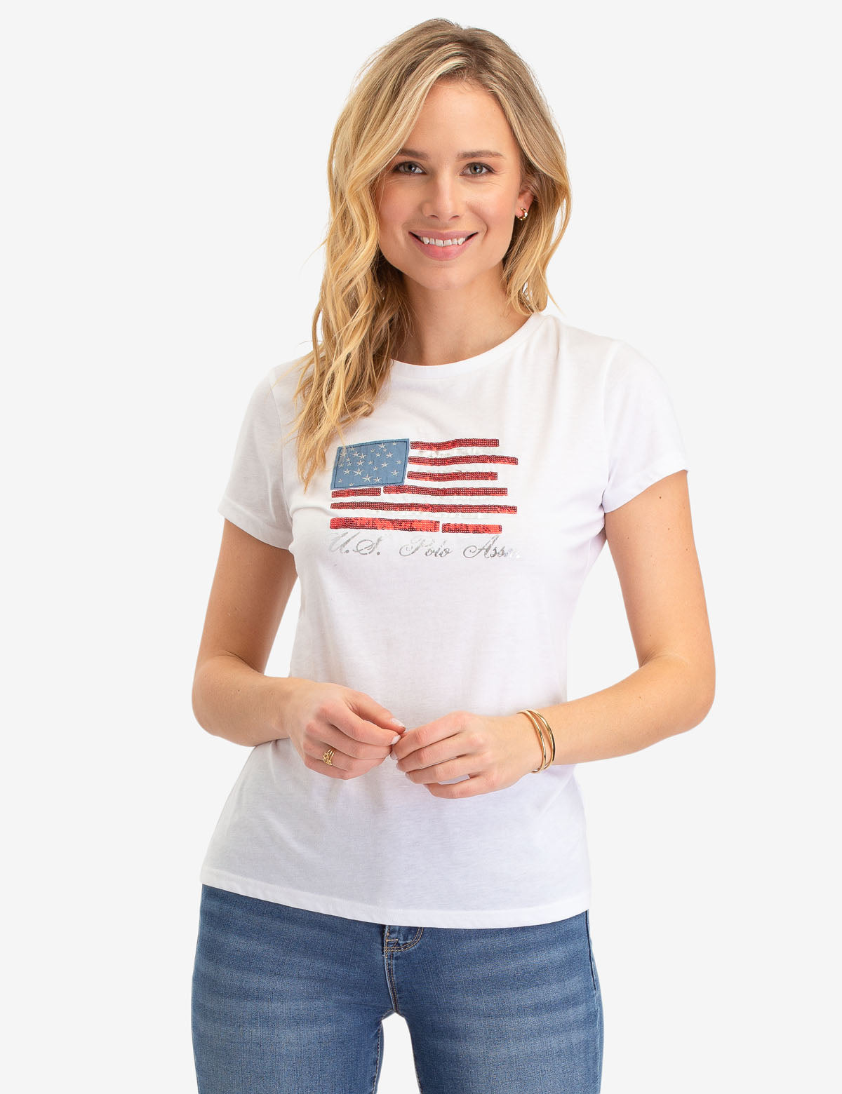 Flag Graphic T-Shirt with Embroidered Stars & Sequins | Round Neck