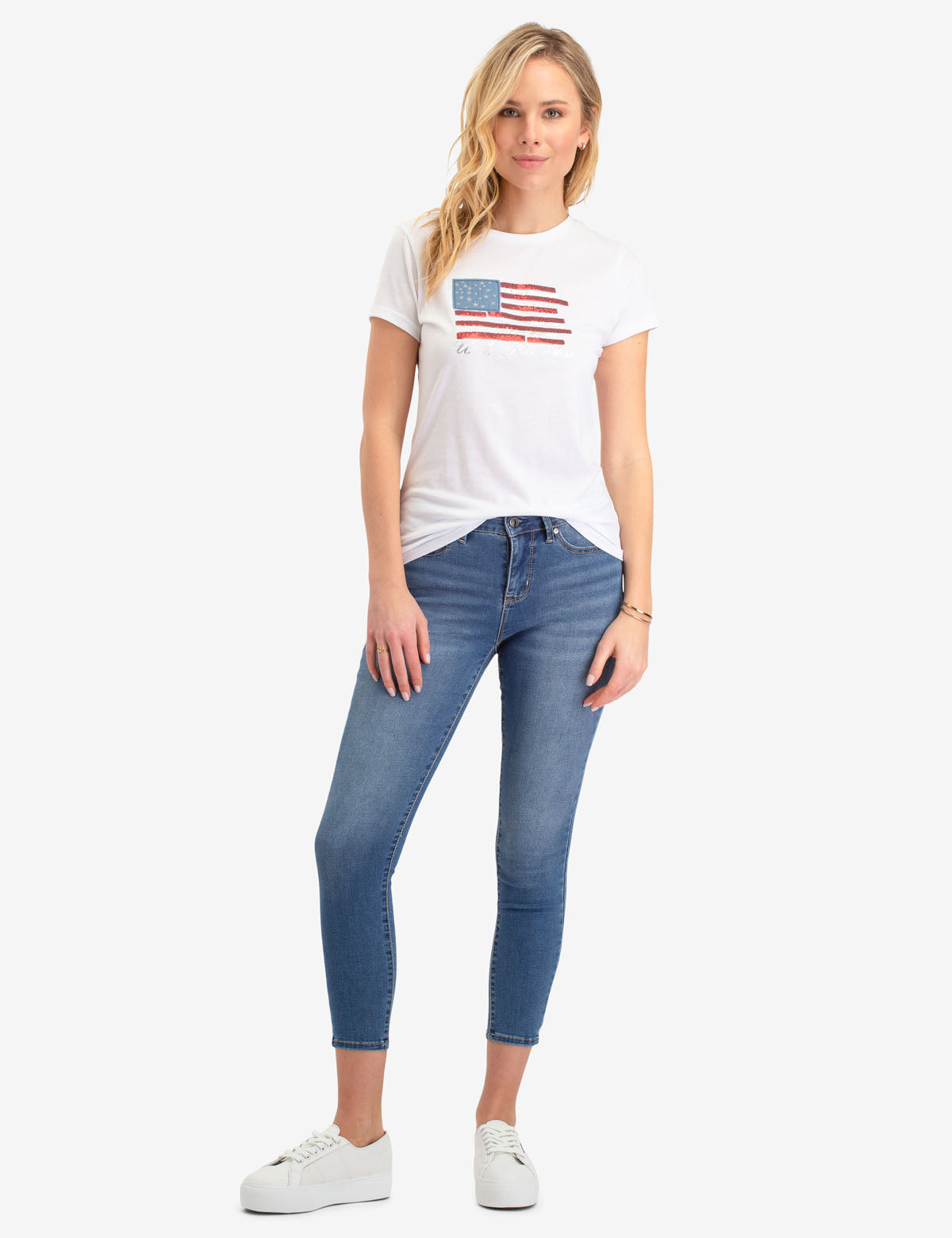 Flag Graphic T-Shirt with Embroidered Stars & Sequins | Round Neck