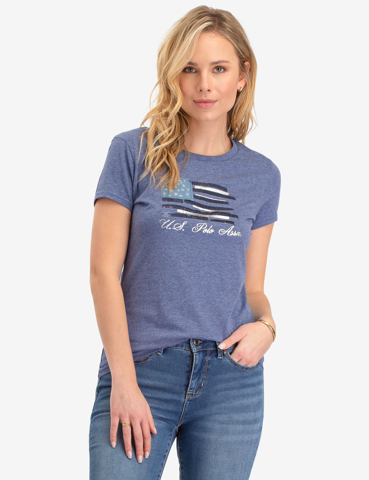 Flag Graphic T-Shirt with Embroidered Stars & Sequins | Round Neck