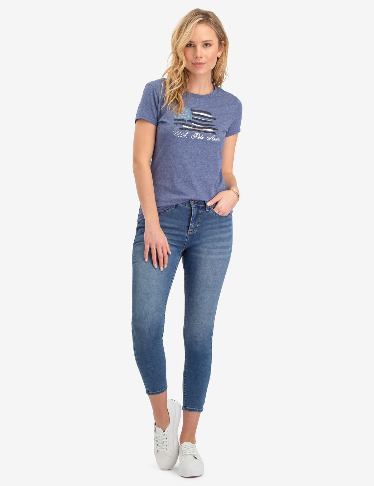 Flag Graphic T-Shirt with Embroidered Stars & Sequins | Round Neck
