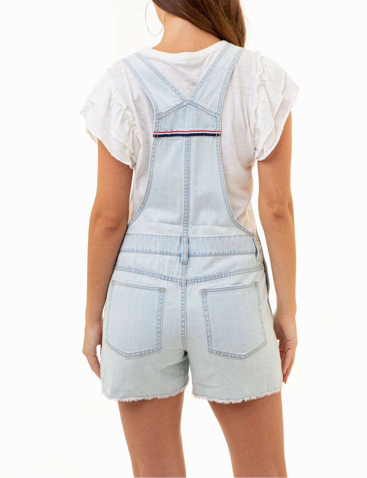 Light Wash Denim Shortalls with Fray Hem & Pockets | FRAY