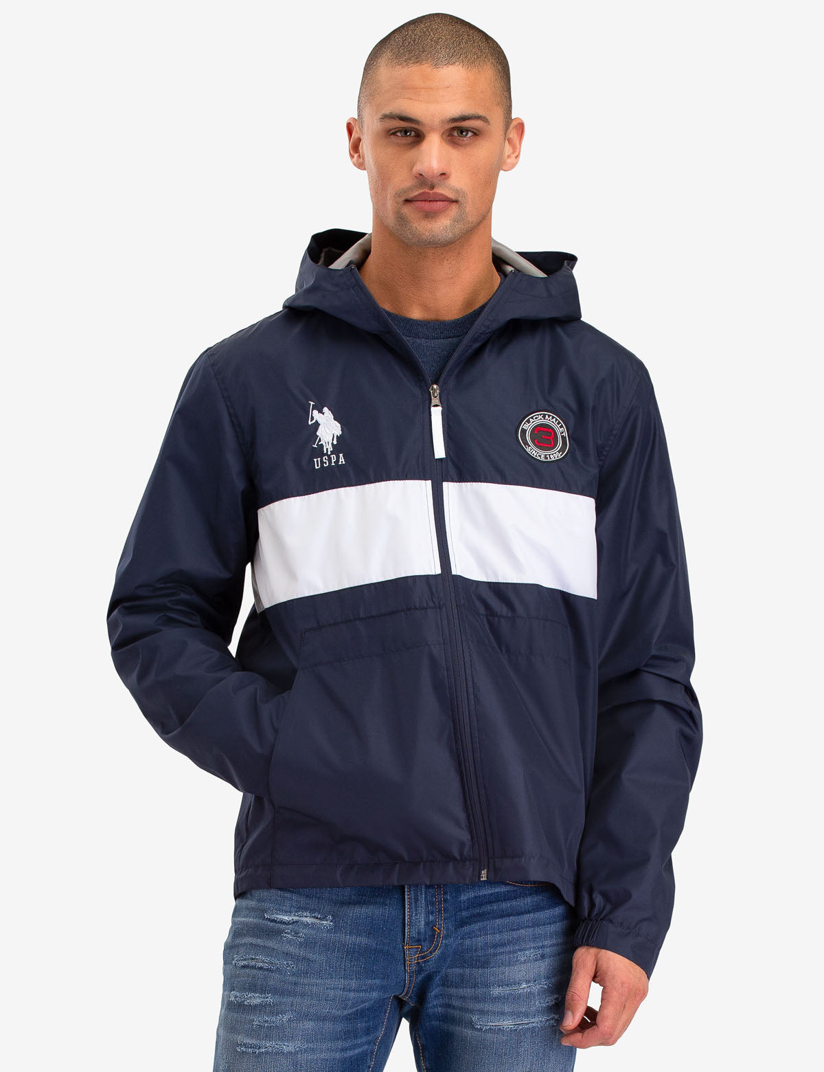 Colorblock Full Zip Windbreaker with White Stripe & Logo