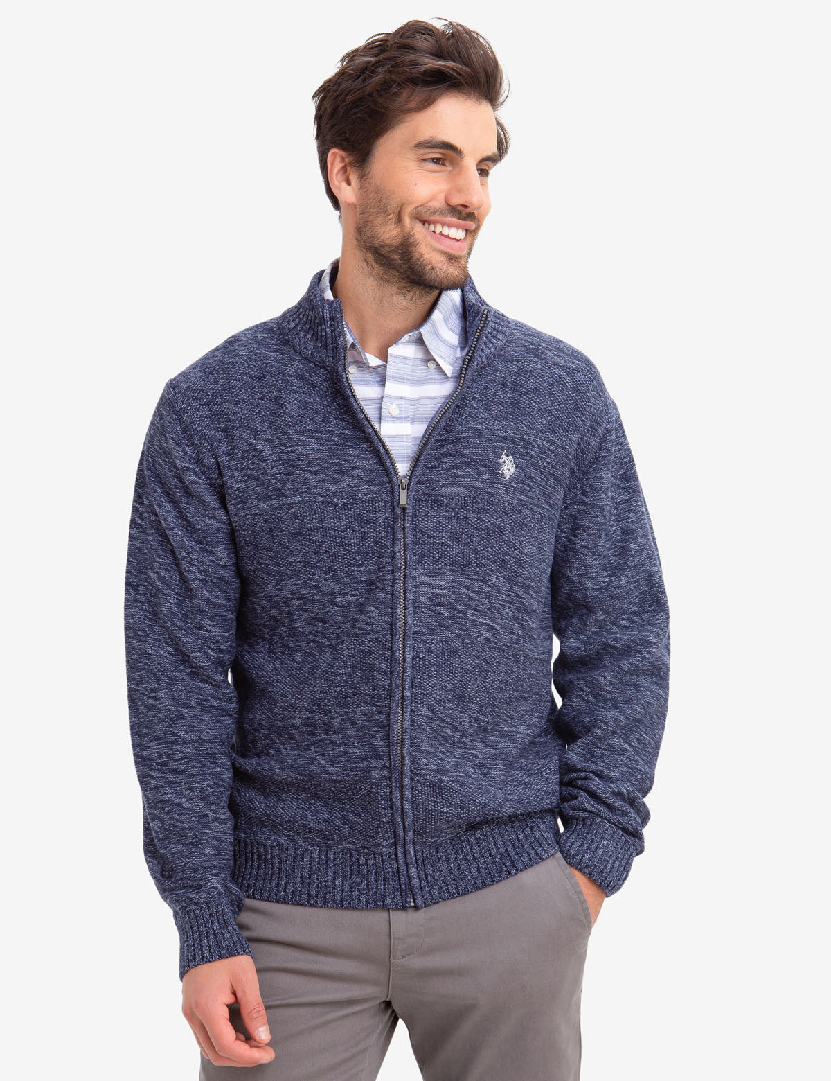 Striped Marled Zip Sweater with Embroidered Logo | Machine Washable