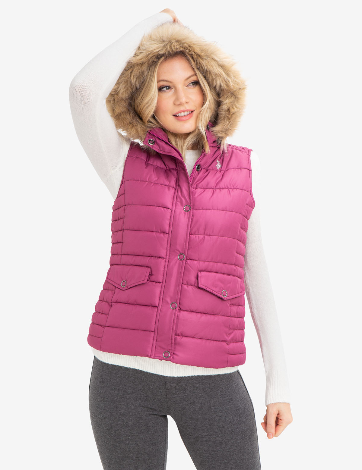 Fur Hooded Vest with Removable Lined Hood | Polyester