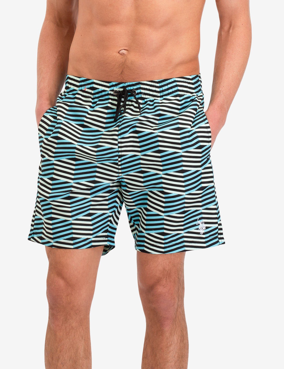 Geometric Pattern Swim Trunks with Drawstring Waist & Pockets
