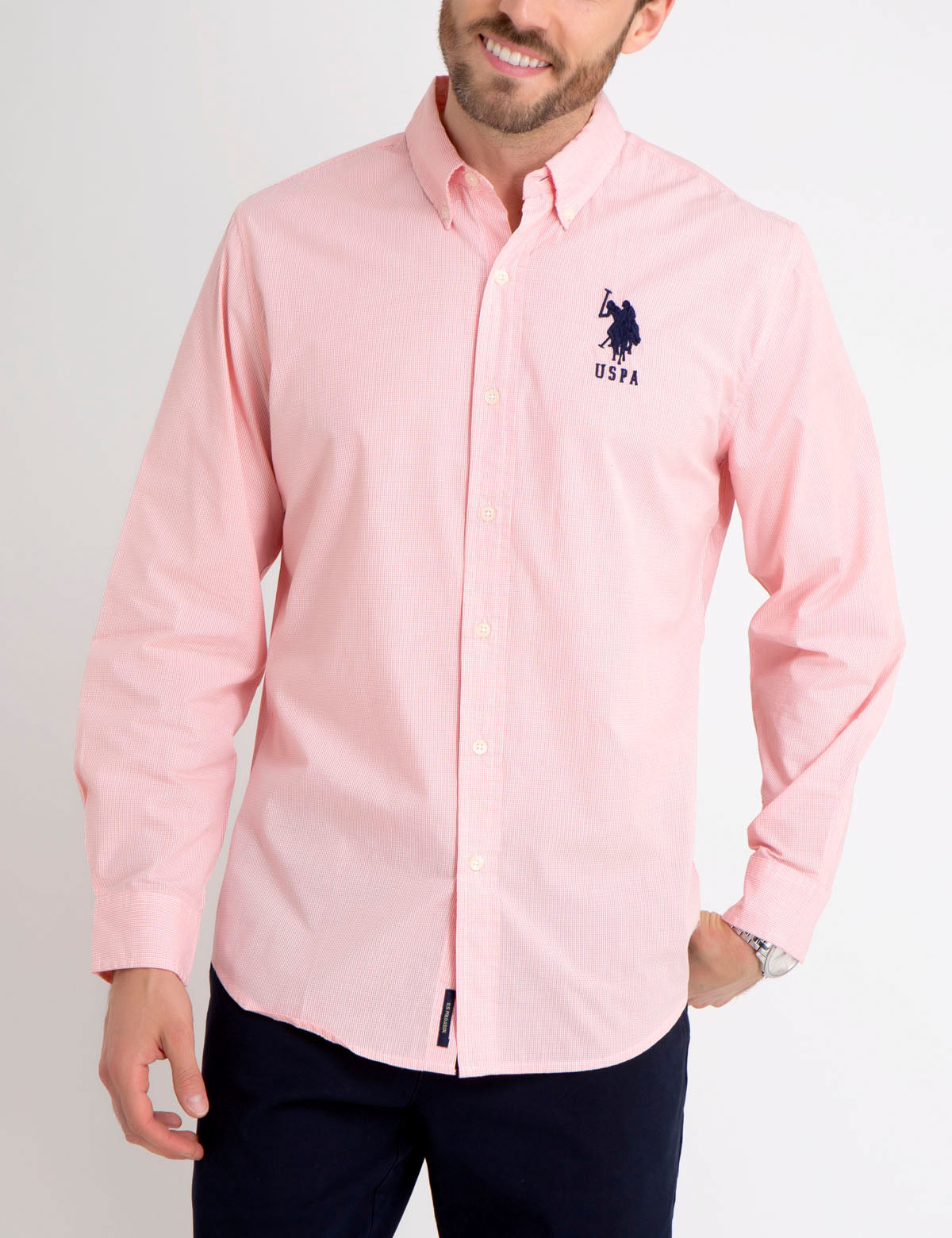 Gingham Print Button-Up Shirt with Embroidered Logo | Casual Men's Shirt