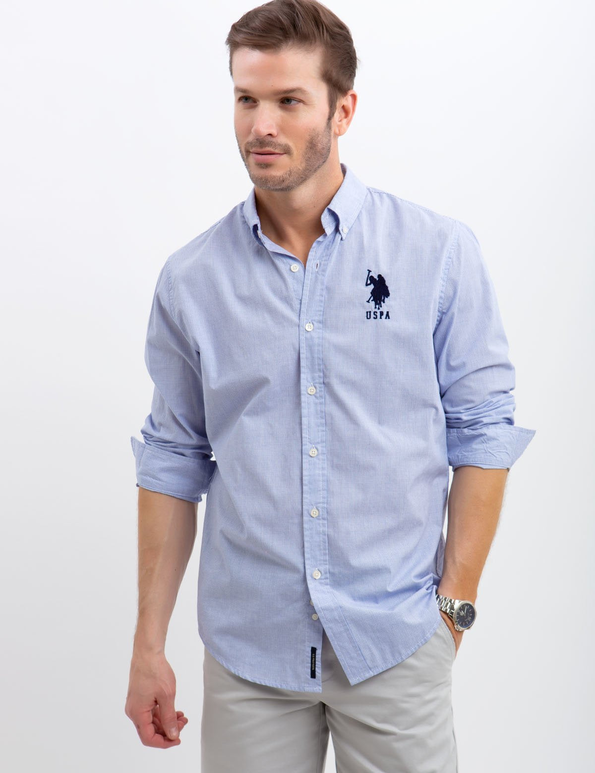 Gingham Print Button-Up Shirt with Embroidered Logo | Casual Men's Shirt
