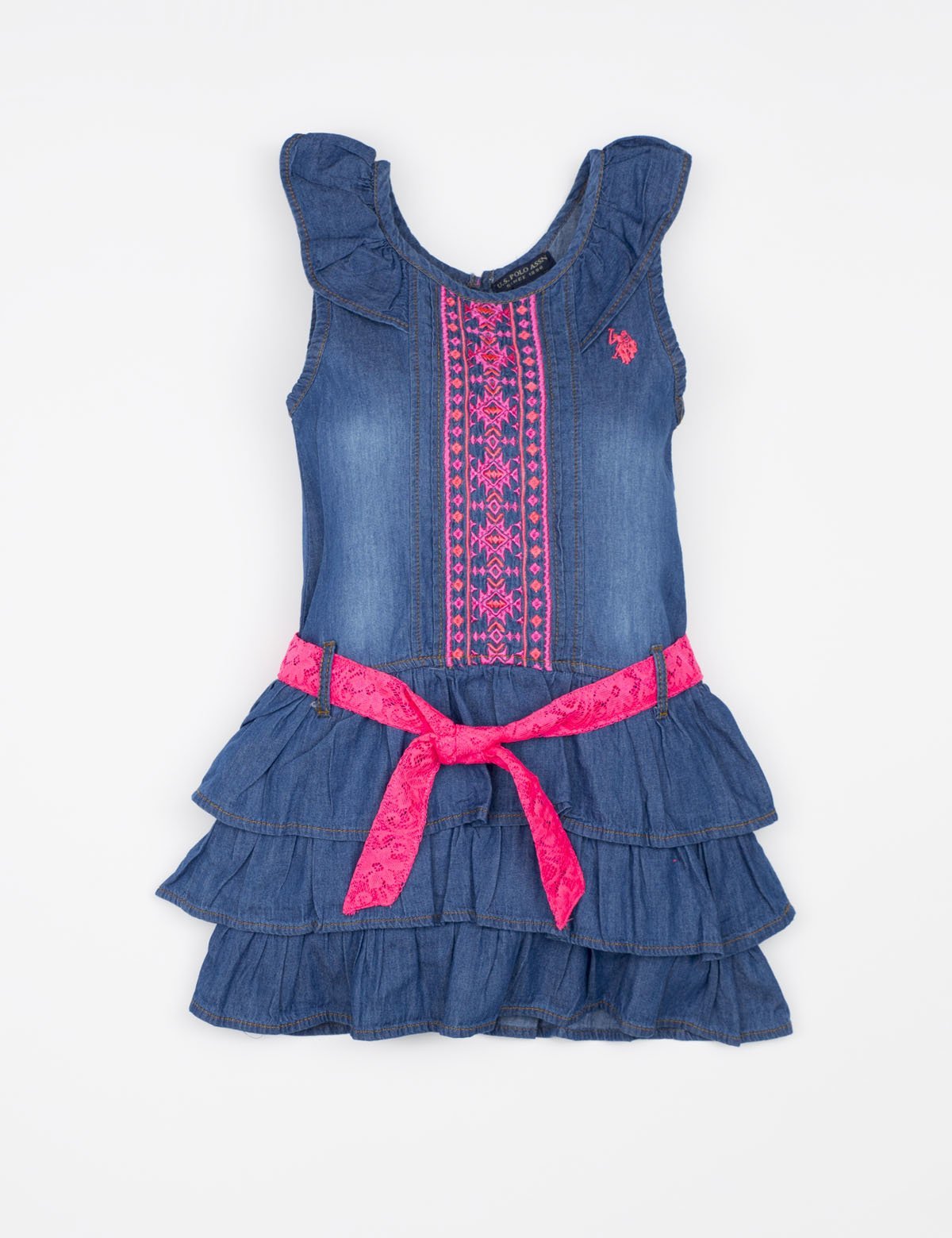 Girls Denim Embroidered Dress with Ruffles & Lace Belt | Cotton
