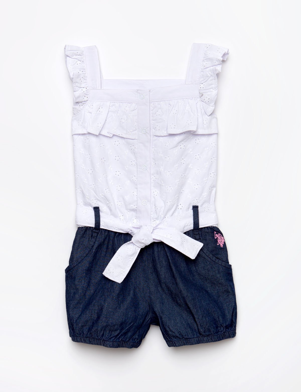 Girls Denim & Eyelet Romper with Drop Waist | Machine Washable