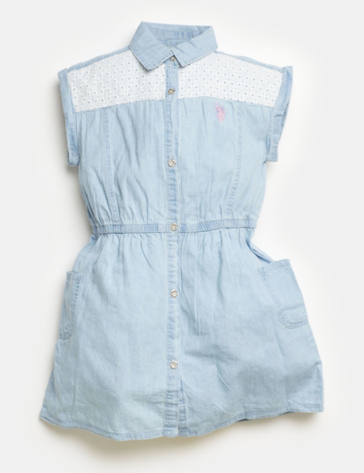 Girls Cotton Chambray Dress with Eyelet Yoke & Elastic Waistband