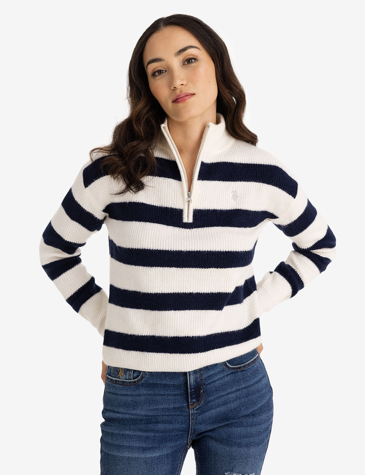 Half Zip Mock Neck Stripe Sweater | Casual Knit Pullover