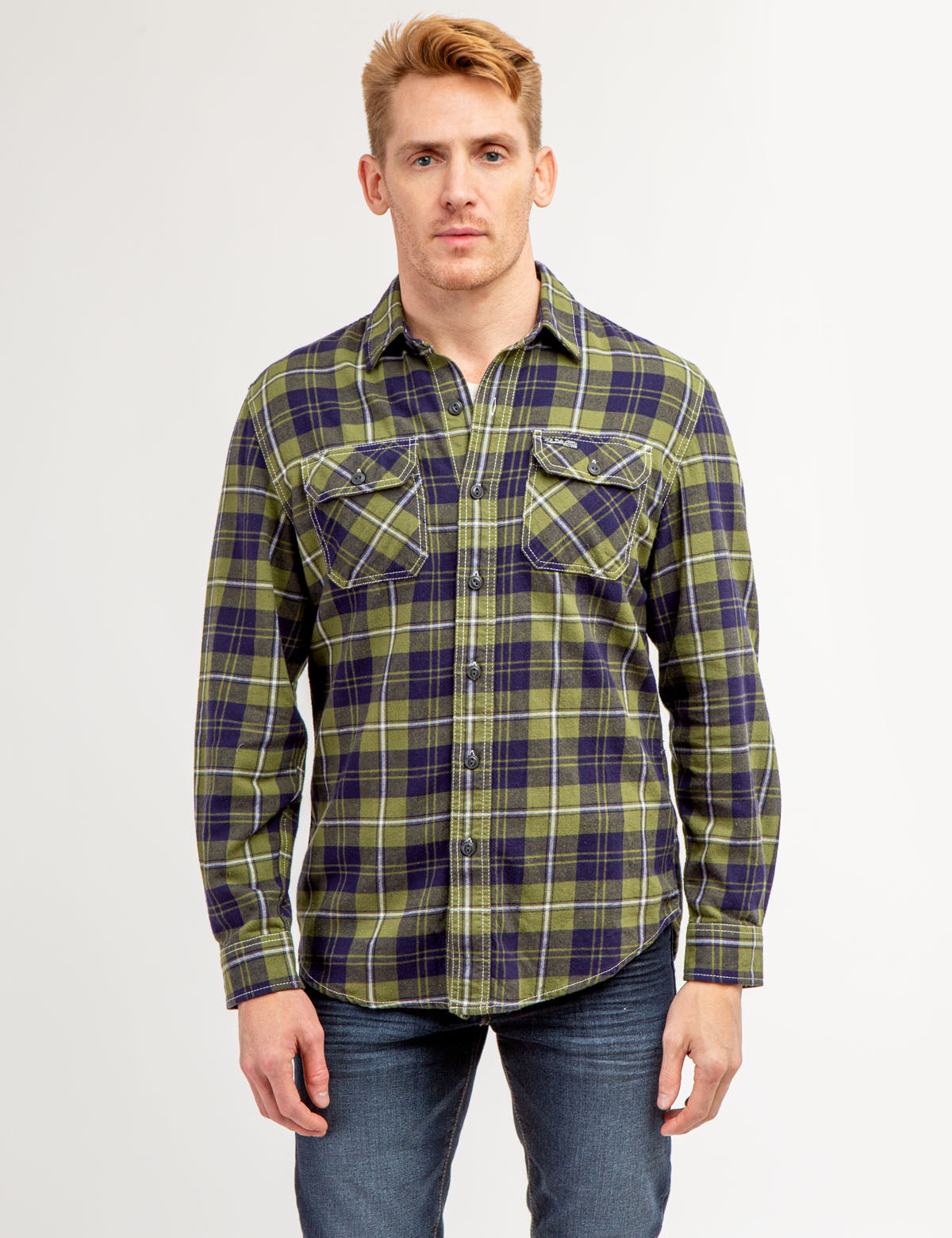 Heavy Twill Plaid Shirt with Chest Pockets | 100% Cotton Button-Down
