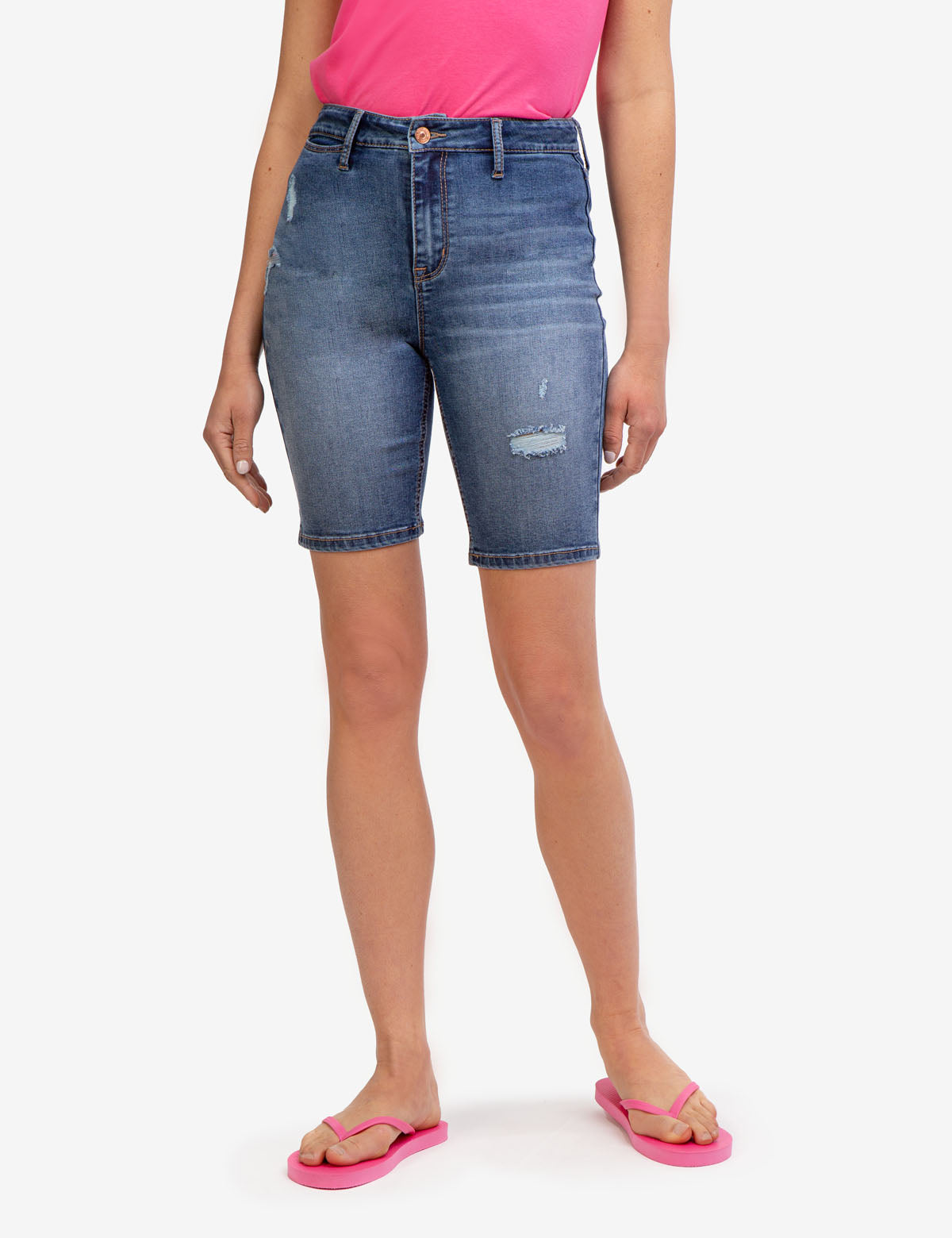 High Rise Bermuda Shorts with Destructed Design & Button Closure