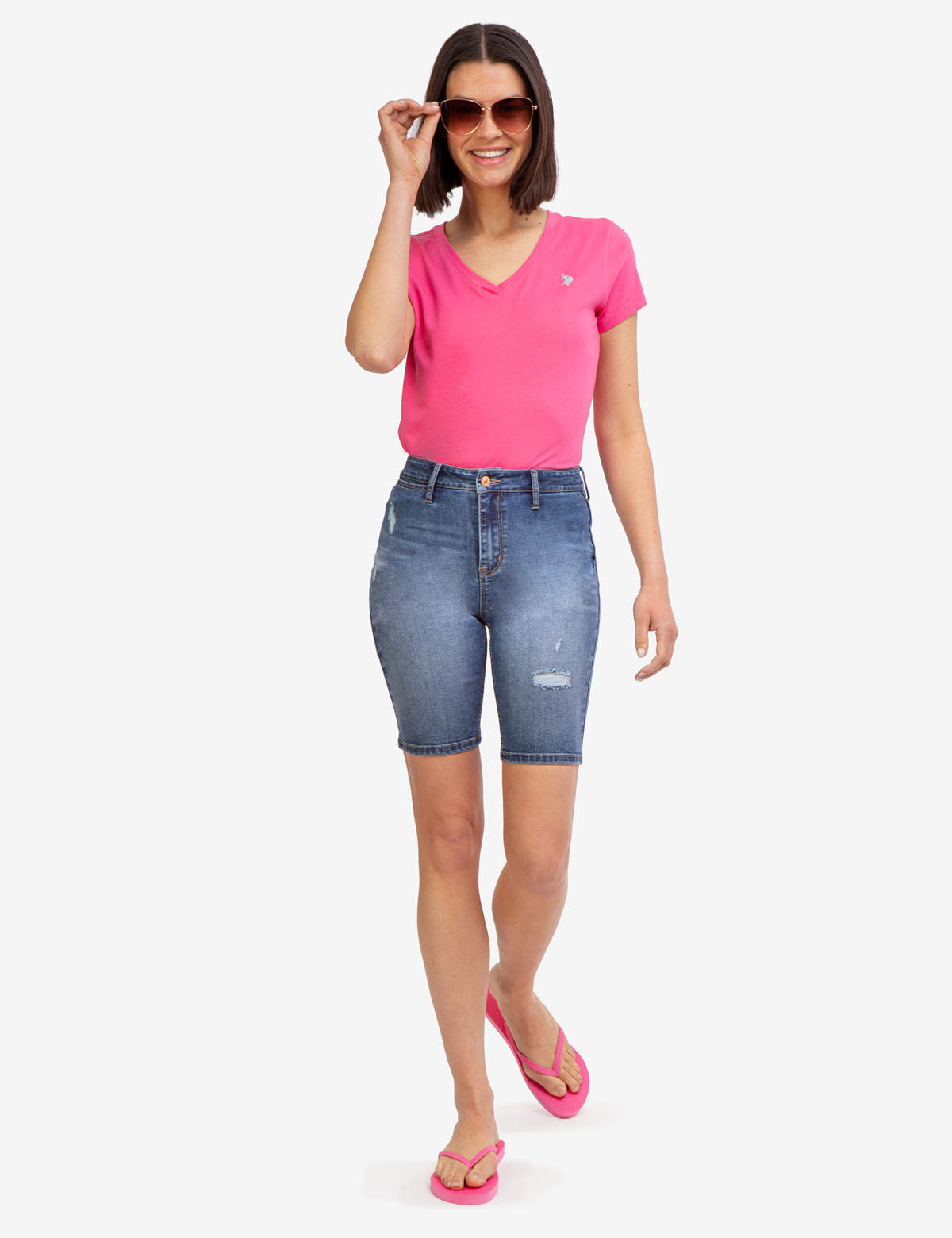 High Rise Bermuda Shorts with Destructed Design & Button Closure