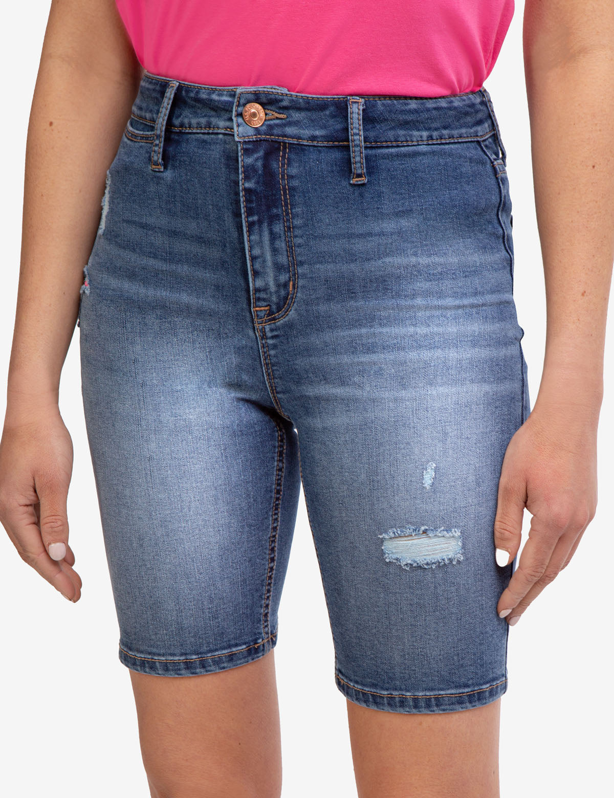High Rise Bermuda Shorts with Destructed Design & Button Closure