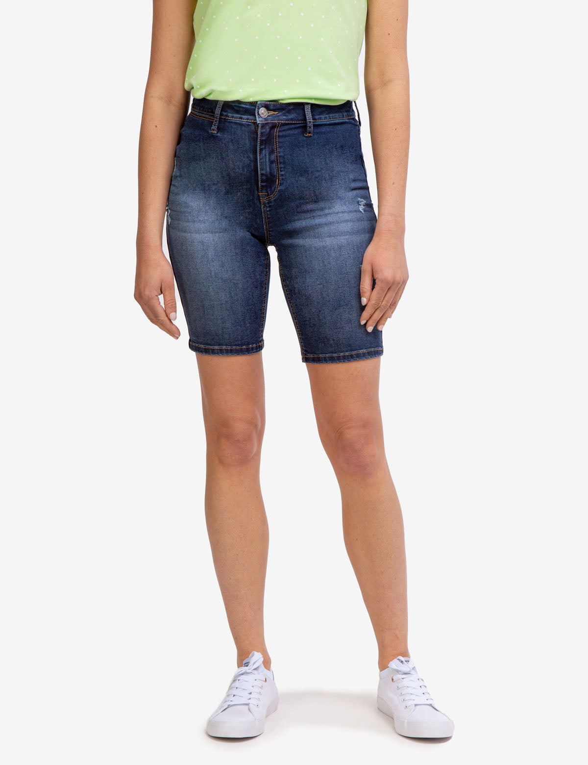 High Rise Bermuda Shorts with Destructed Design & Button Closure