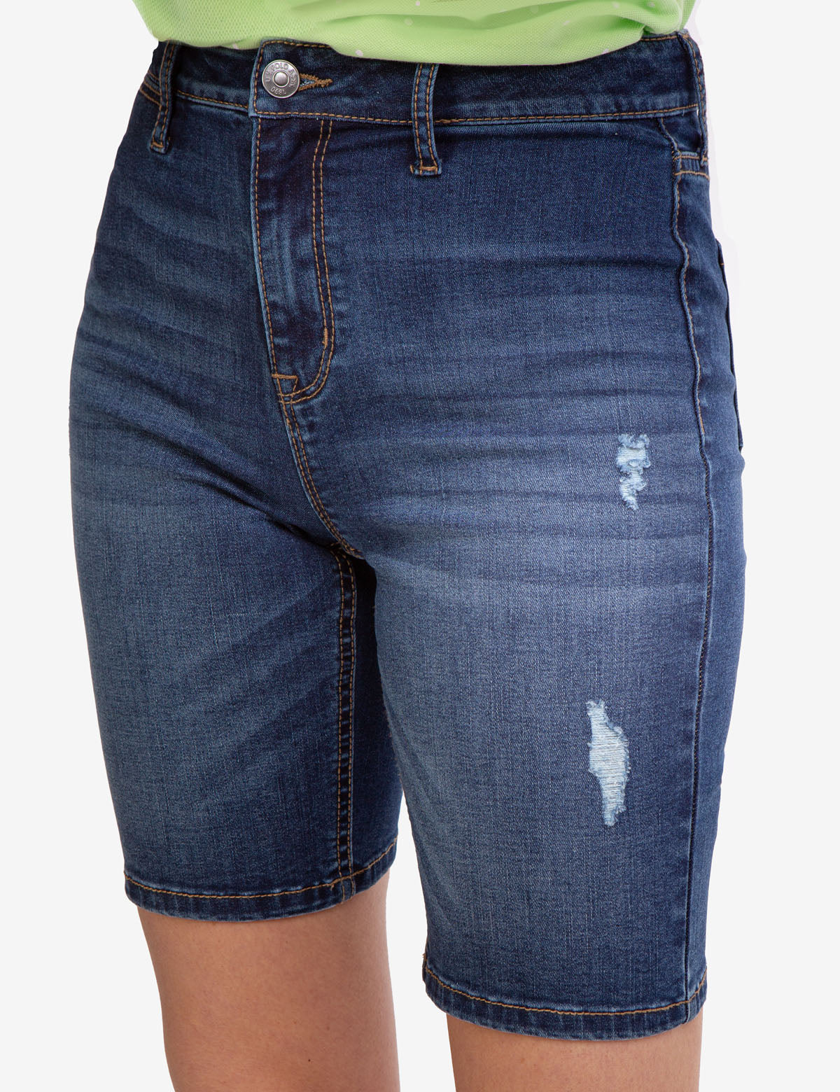High Rise Bermuda Shorts with Destructed Design & Button Closure