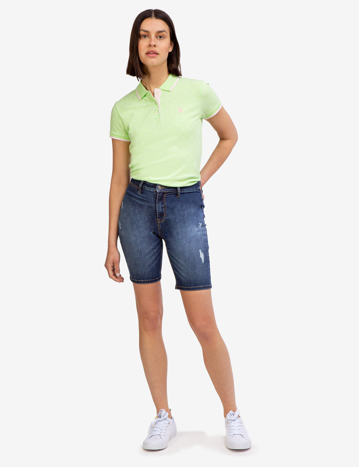 High Rise Bermuda Shorts with Destructed Design & Button Closure