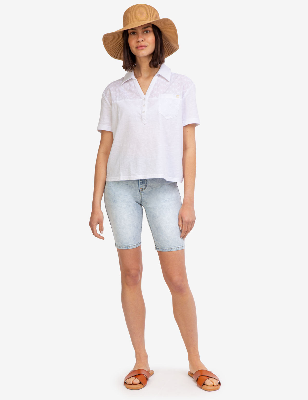 High Rise Bermuda Shorts with Destructed Design & Button Closure