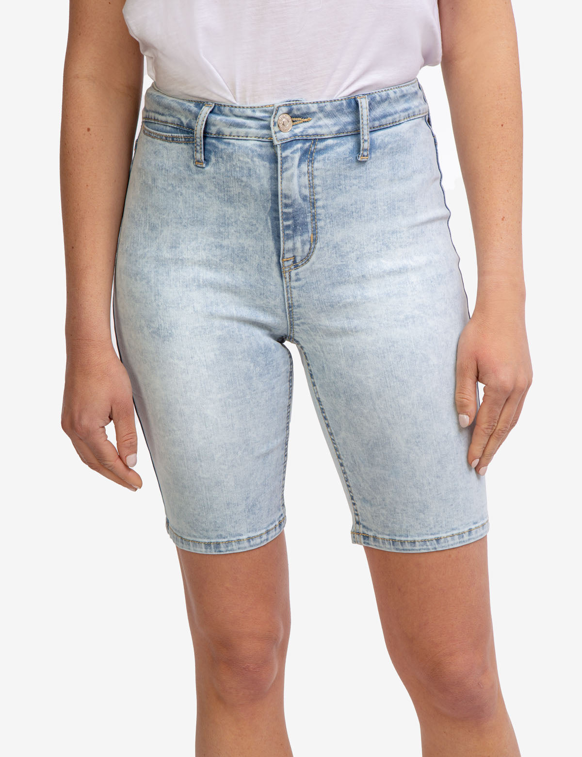 High Rise Bermuda Shorts with Destructed Design & Button Closure