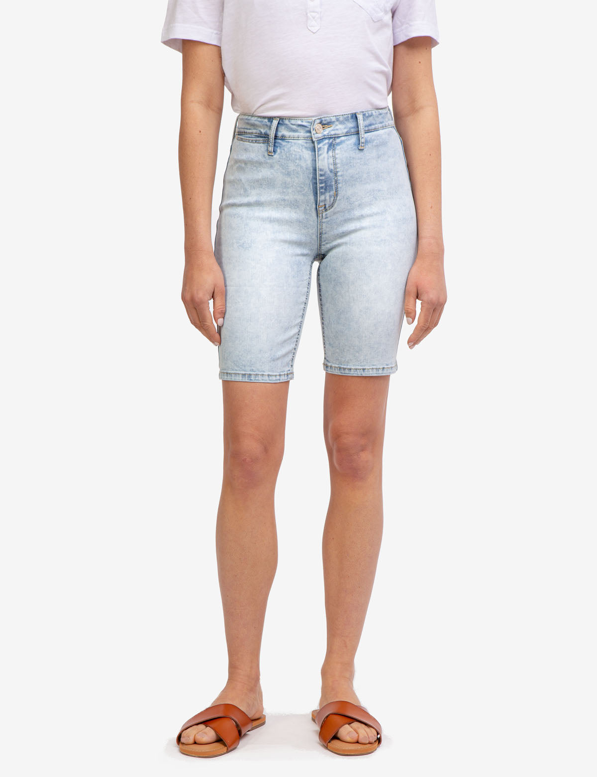 High Rise Bermuda Shorts with Destructed Design & Button Closure